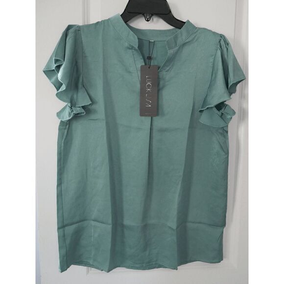 Lucklisa Turquoise Flutter-Sleeve V-Neck Top M #1643-A6 - Picture 2 of 7